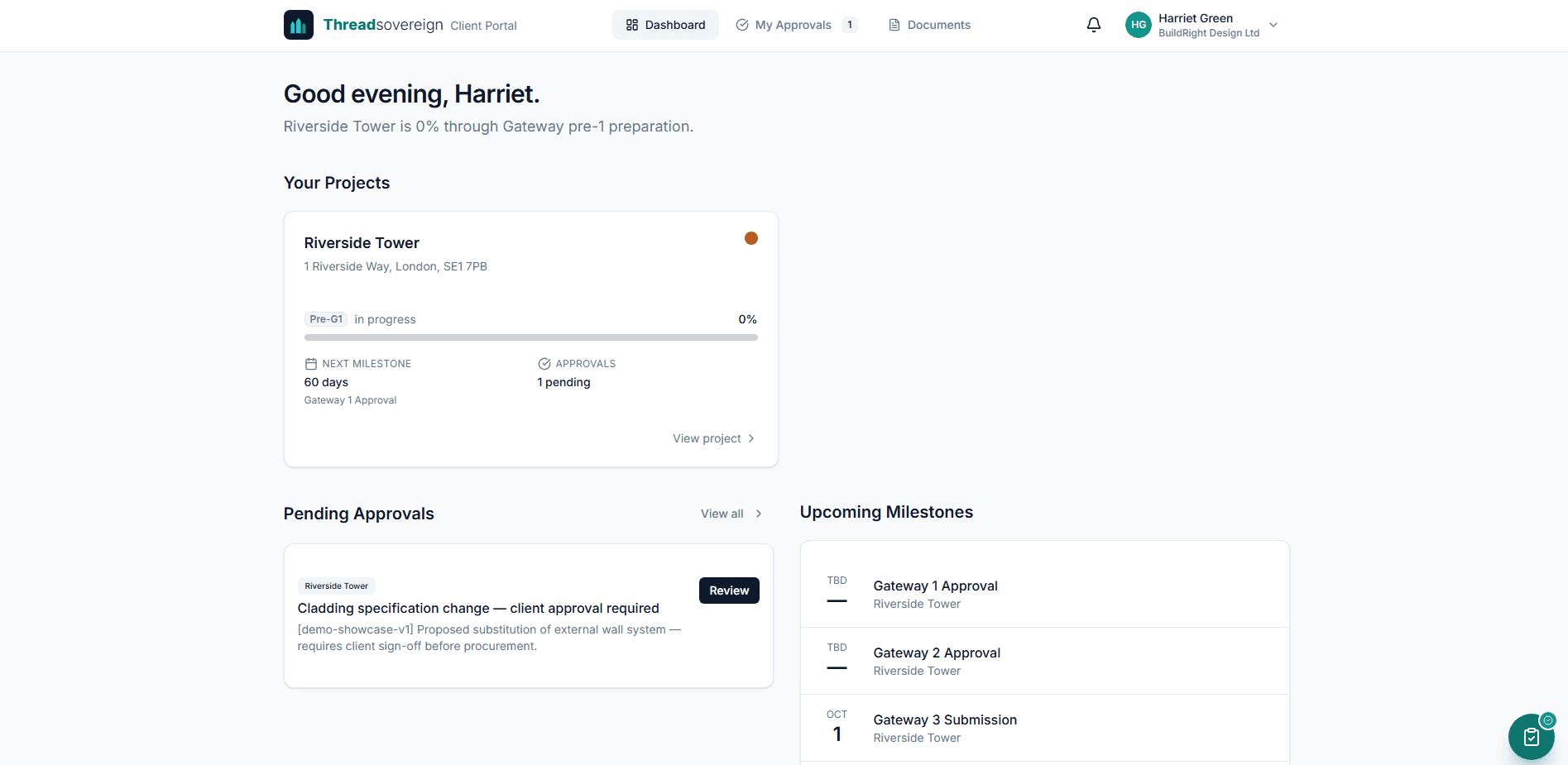 Threadsovereign client portal with shared documents, approval actions, and project status for construction clients