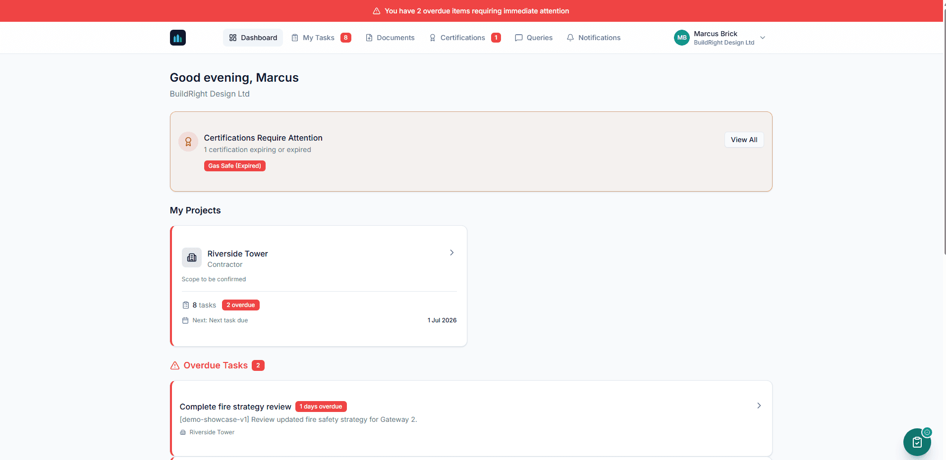 Threadsovereign contractor portal listing assigned tasks, RFIs, and certifications linked to the project golden thread