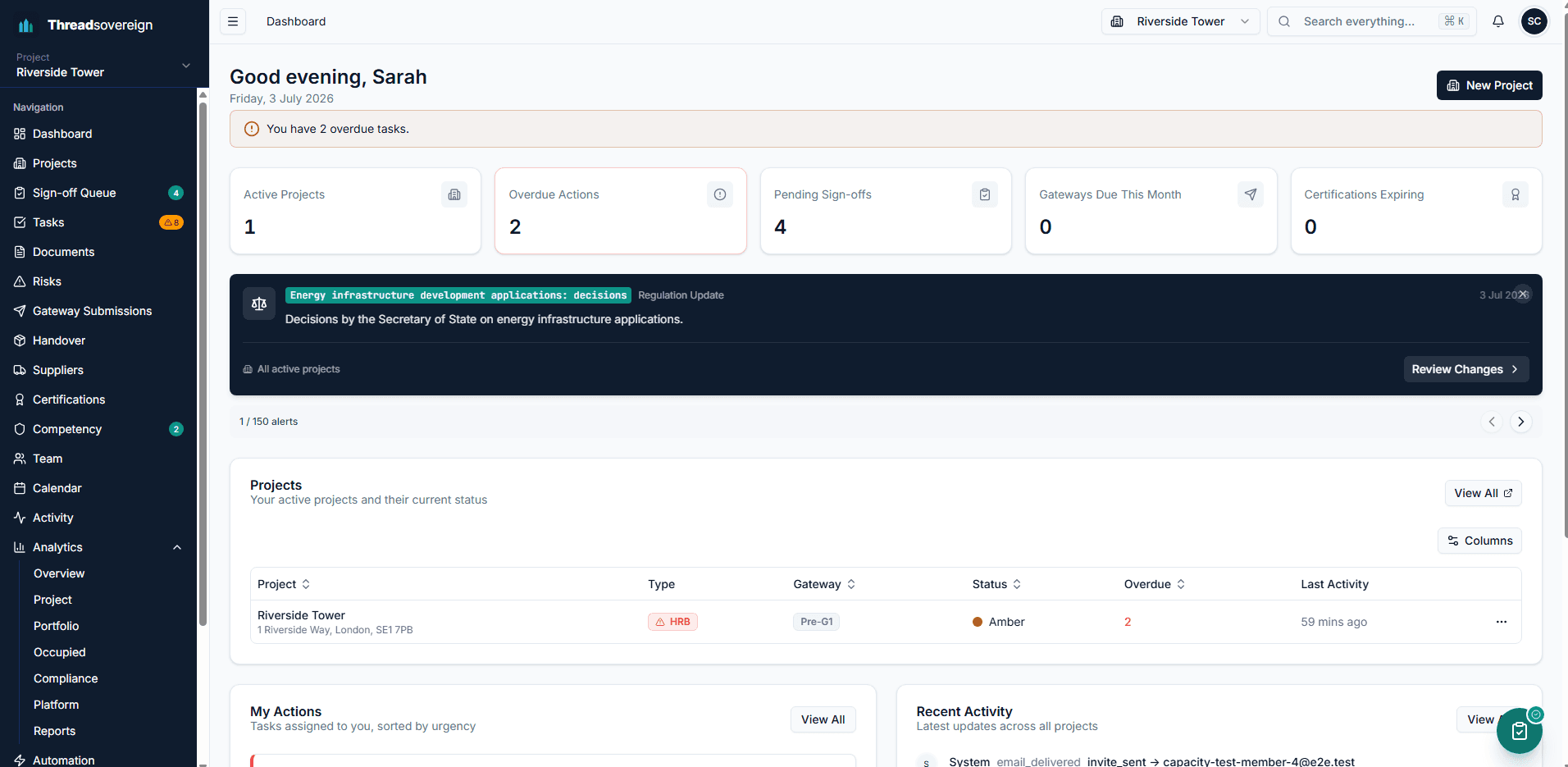Threadsovereign Principal Designer dashboard showing project list, gateway status, and compliance readiness scorecards for England HRBs