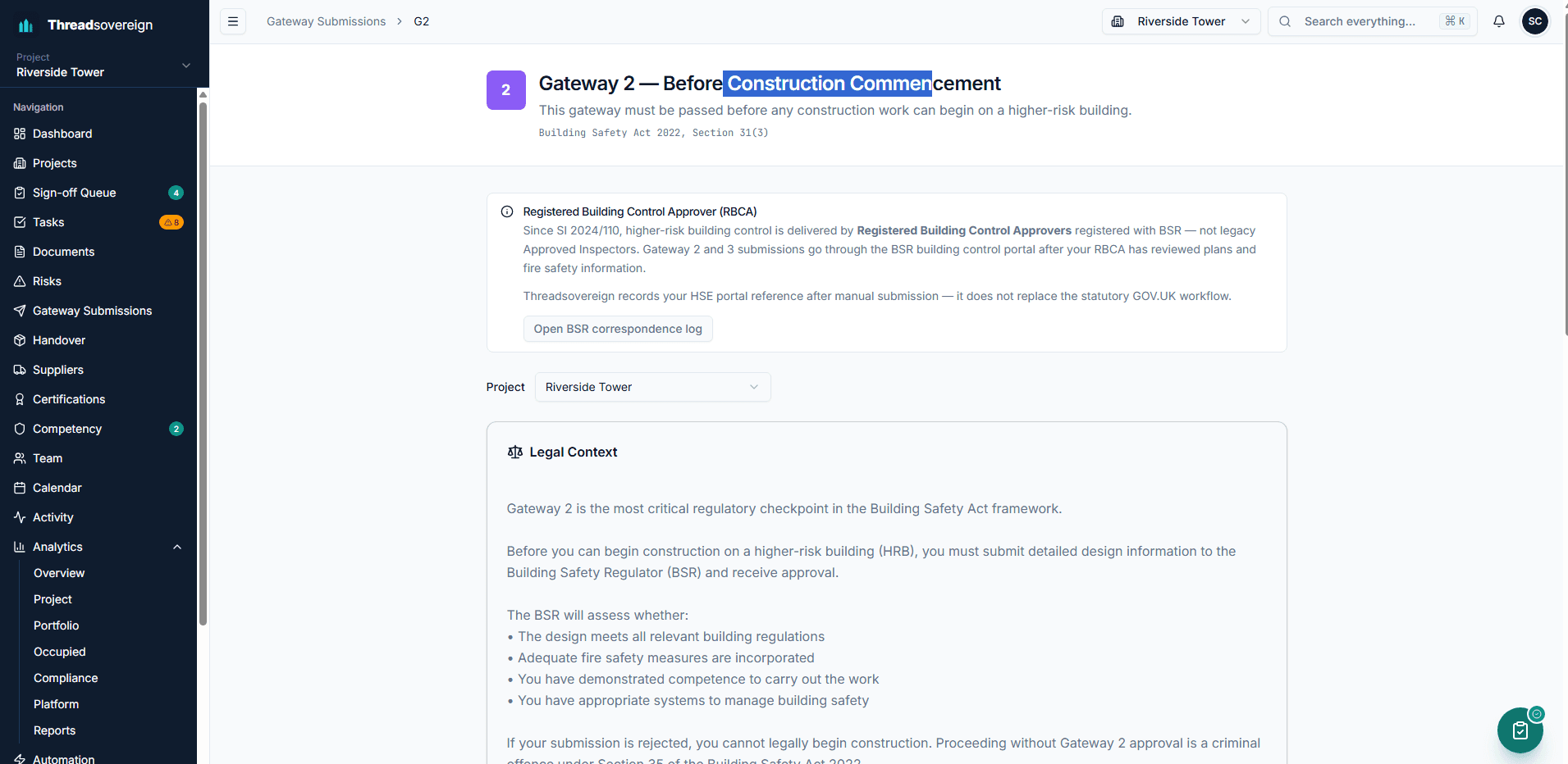 Threadsovereign Gateway 2 submission workflow with statutory checklist progress, evidence attachments, and BSR pack readiness