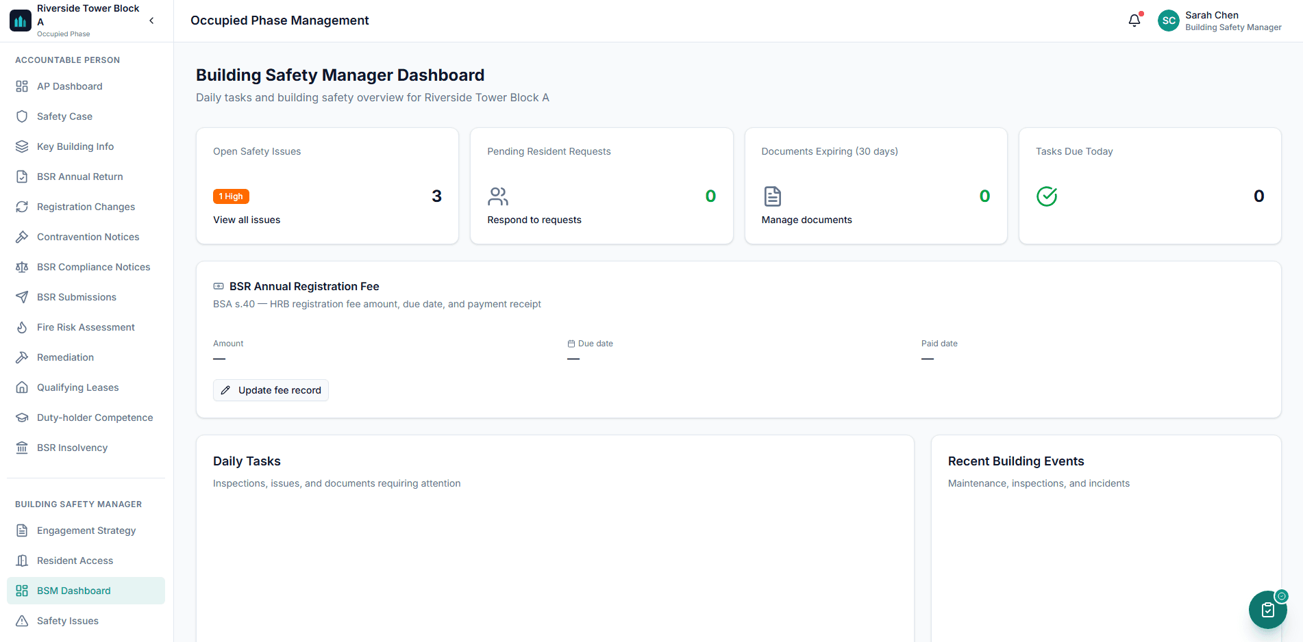 Threadsovereign occupied-phase safety case editor with risk management principles and linked golden thread evidence