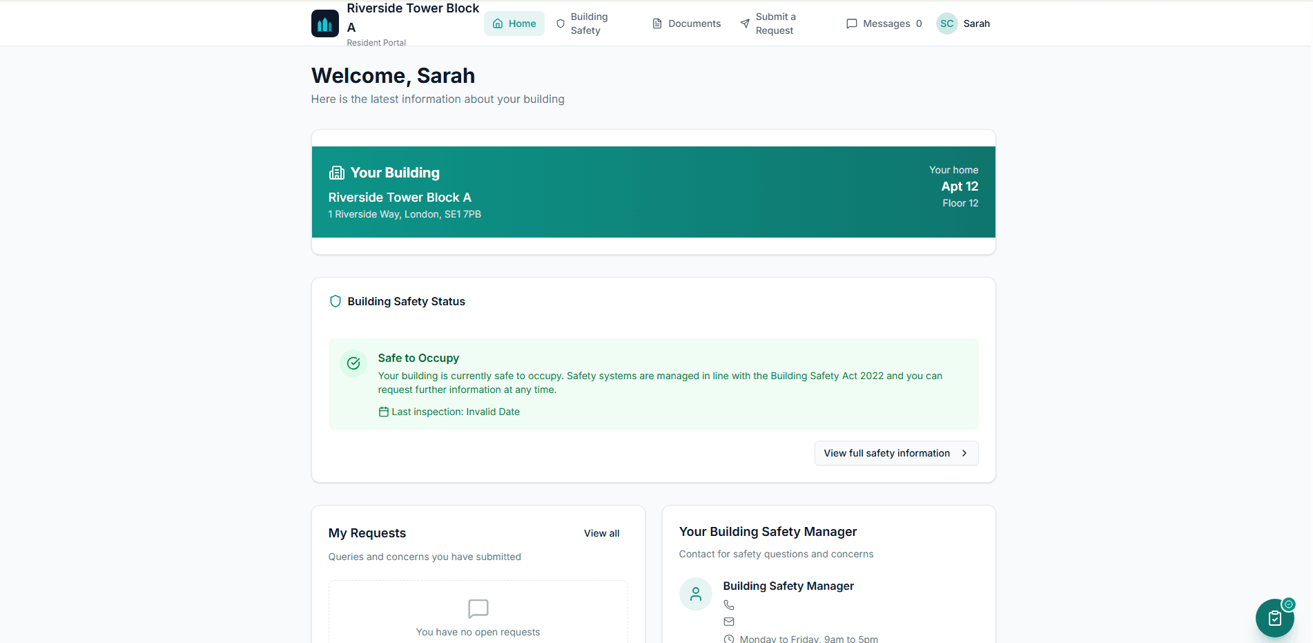 Threadsovereign resident portal showing building safety information, document requests, and safety concern submission